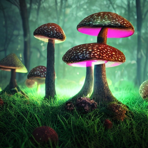 Magic mushrooms in the dark forest, neon, detailed, hyperrealistic, vray, octane render,