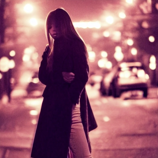 At night, a beautiful girl's face, long eyelashes, large watery eyes, long golden hair, thin body, wearing a black coat, standing under the street lamp, the light is dim