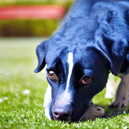 DOG, BLUE, EATING A HAMBURGER
