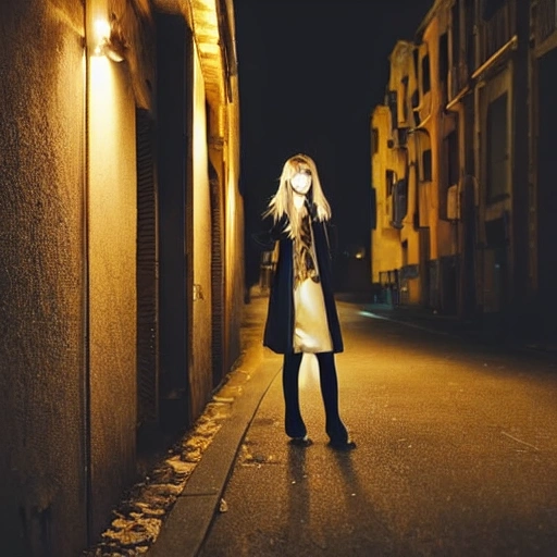 At night, a beautiful girl's face, long eyelashes, large watery eyes, long golden hair, thin body, wearing a black coat, standing under the street lamp, the light is dim