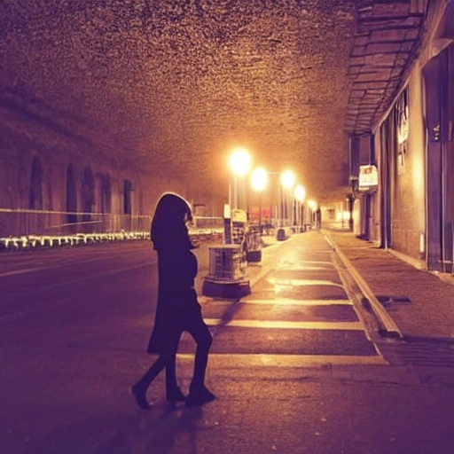 At night, a beautiful girl's face, long eyelashes, large watery eyes, long golden hair, thin body, wearing a black coat, standing under the street lamp, the light is dim