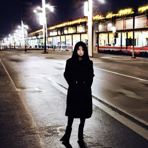 At night, a beautiful girl's face, long eyelashes, large watery eyes, long golden hair, thin body, wearing a black coat, standing under the street lamp, the light is dim