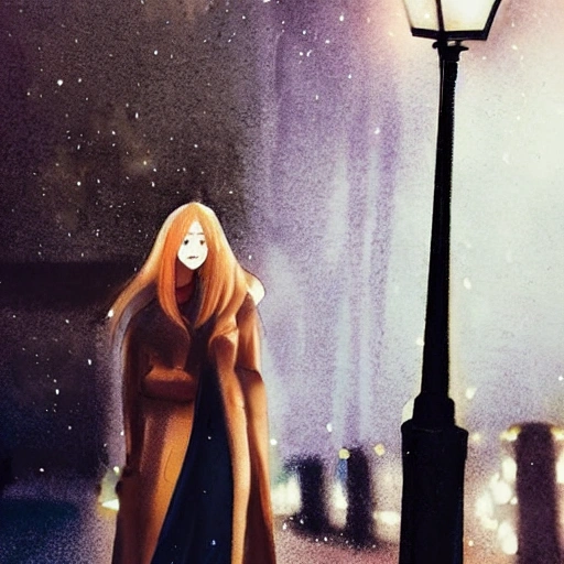 At night, a beautiful girl's face, long eyelashes, large watery eyes, long golden hair, thin body, wearing a black coat, stood under the street lamp, Water Color