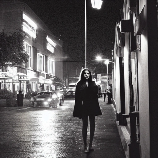 At night, a beautiful girl's face, long eyelashes, large watery eyes, long golden hair, thin body, wearing a black coat, stood under the street lamp