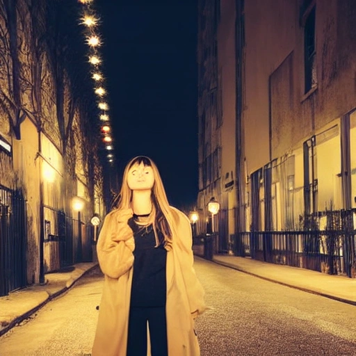 At night, a beautiful girl's face, long eyelashes, large watery eyes, long golden hair, thin body, wearing a black coat, stood under the street lamp