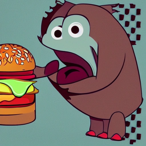 MONSTER EATING A HAMBURGER, RED COLOR