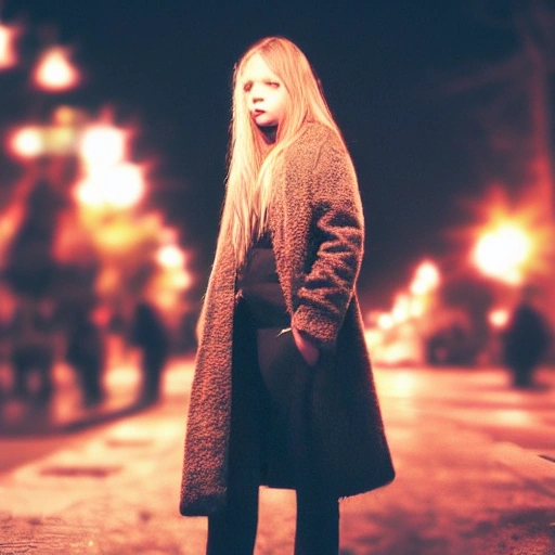 At night, a beautiful girl's face, long eyelashes, large watery eyes, long golden hair, thin body, wearing a black coat, stood under the street lamp