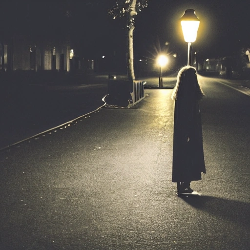 At night, a beautiful girl's face, long eyelashes, large watery eyes, long golden hair, thin body, wearing a black coat, stood under the street lamp