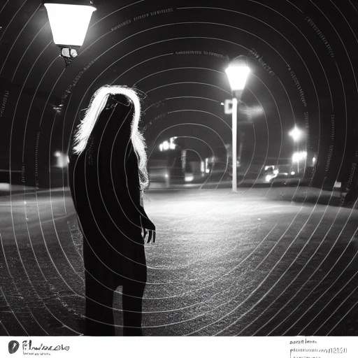 At night, a beautiful girl's face, long eyelashes, large watery eyes, long golden hair, thin body, wearing a black coat, stood under the street lamp