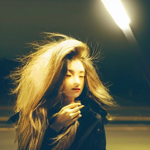 At night, a beautiful girl's face, long eyelashes, large watery eyes, long golden hair, thin body, wearing a black coat, stood under the street lamp