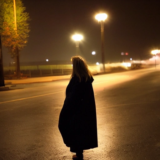 At night, a beautiful girl's face, long eyelashes, large watery eyes, long golden hair, thin body, wearing a black coat, stood under the street lamp