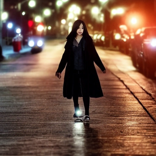 At night, a beautiful girl's face, long eyelashes, large watery eyes, long golden hair, thin body, wearing a black coat, stood under the street lamp