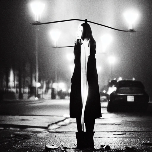 At night, a beautiful girl's face, long eyelashes, large watery eyes, long golden hair, thin body, wearing a black coat, stood under the street lamp