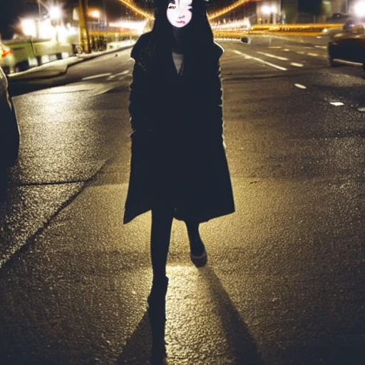 At night, a beautiful girl's face, long eyelashes, large watery eyes, long golden hair, thin body, wearing a black coat, stood under the street lamp