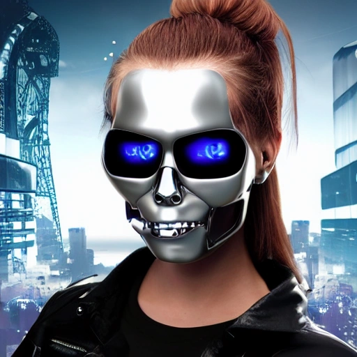 girl terminator cyber 3D face 4k skull metalic