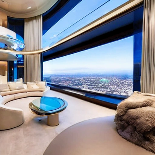 This luxurious living room on a space ship boasts a panoramic window that wraps around one entire wall, offering a stunning view of the earth and the stars beyond. The furniture is plush and inviting, with plush sofas and armchairs upholstered in soft, cream-colored fabric. A large, rectangular coffee table made of clear glass sits at the center of the room, and a few decorative pillows add pops of color. A few high-tech gadgets, such as a holographic display and a floating shelf, add a futuristic touch