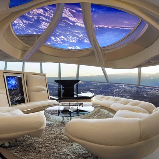 This luxurious living room on a space ship boasts a panoramic window that wraps around one entire wall, offering a stunning view of the earth and the stars beyond. The furniture is plush and inviting, with plush sofas and armchairs upholstered in soft, cream-colored fabric. A large, rectangular coffee table made of clear glass sits at the center of the room, and a few decorative pillows add pops of color. A few high-tech gadgets, such as a holographic display and a floating shelf, add a futuristic touch