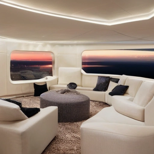 This luxurious living room on a space ship boasts a panoramic window that wraps around one entire wall, offering a stunning view of the earth and the stars beyond. The furniture is plush and inviting, with plush sofas and armchairs upholstered in soft, cream-colored fabric. A large, rectangular coffee table made of clear glass sits at the center of the room, and a few decorative pillows add pops of color. A few high-tech gadgets, such as a holographic display and a floating shelf, add a futuristic touch