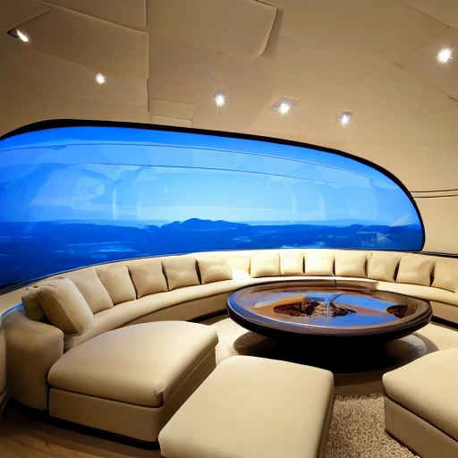 This luxurious living room on a space ship boasts a panoramic window that wraps around one entire wall, offering a stunning view of the earth and the stars beyond. The furniture is plush and inviting, with plush sofas and armchairs upholstered in soft, cream-colored fabric. A large, rectangular coffee table made of clear glass sits at the center of the room, and a few decorative pillows add pops of color. A few high-tech gadgets, such as a holographic display and a floating shelf, add a futuristic touch