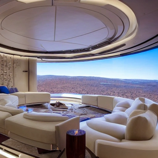 This luxurious living room on a space ship boasts a panoramic window that wraps around one entire wall, offering a stunning view of the earth and the stars beyond. The furniture is plush and inviting, with plush sofas and armchairs upholstered in soft, cream-colored fabric. A large, rectangular coffee table made of clear glass sits at the center of the room, and a few decorative pillows add pops of color. A few high-tech gadgets, such as a holographic display and a floating shelf, add a futuristic touch