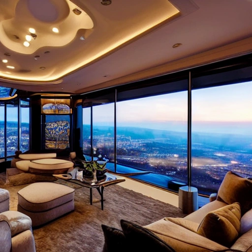 This luxurious living room on a space ship boasts a panoramic window that wraps around one entire wall, offering a stunning view of the earth and the stars beyond. The furniture is plush and inviting, with plush sofas and armchairs upholstered in soft, cream-colored fabric. A large, rectangular coffee table made of clear glass sits at the center of the room, and a few decorative pillows add pops of color. A few high-tech gadgets, such as a holographic display and a floating shelf, add a futuristic touch