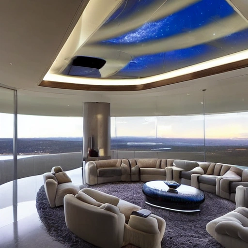 This luxurious living room on a space ship boasts a panoramic window that wraps around one entire wall, offering a stunning view of the earth and the stars beyond. The furniture is plush and inviting, with plush sofas and armchairs upholstered in soft, cream-colored fabric. A large, rectangular coffee table made of clear glass sits at the center of the room, and a few decorative pillows add pops of color. A few high-tech gadgets, such as a holographic display and a floating shelf, add a futuristic touch