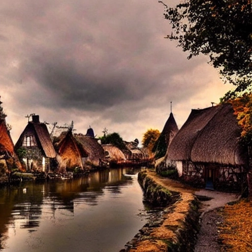 /Imagine Prompt: 500s Frankish fishing village with thatched roof houses along the riverbank at dusk, on an overcast day in autumn, Dark Fantasy.