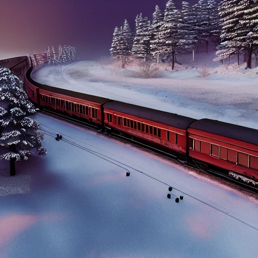 ghost Train driving through the snow, the polar express, scenic landscape, stunning environment, dusk, ultra detailed, octane render, ultra detail, intricate detail, volumetric lighting, vivid colours, photorealistic, photography, lifelike, high resolution, digital art, ultra wide angle lens, aerial view, elevated view, wallpaper --ar 3:2 --v 4