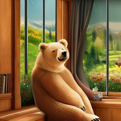 A bear immersed in study sitting by the window outside the window is a spring landscape, art station, stylized, 4K, cinema lighting, Digital Art , detailed