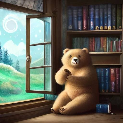 A bear immersed in study sitting by the window outside the window is a spring landscape, art station, stylized, 4K, cinema lighting, Digital Art , detailed, Cartoon