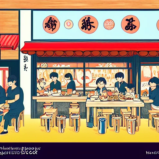 extremely detailed digital illustration of people eating at a ramen shop in Tokyo, Ghibli style hand drawn, 8k