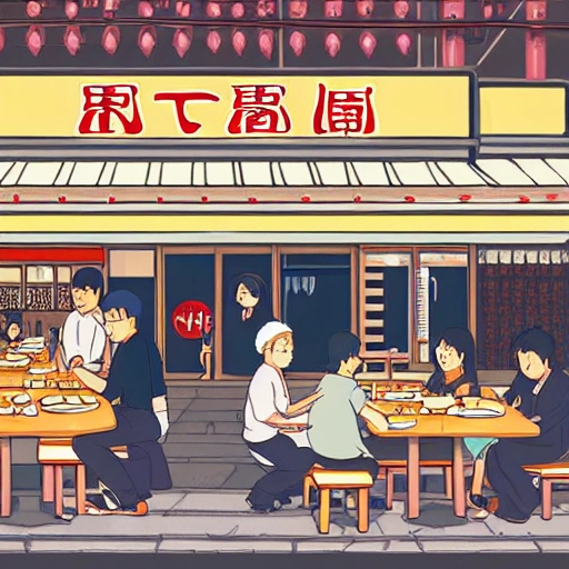 extremely detailed digital illustration of people eating at a ramen shop in Tokyo, Ghibli style hand drawn, 8k