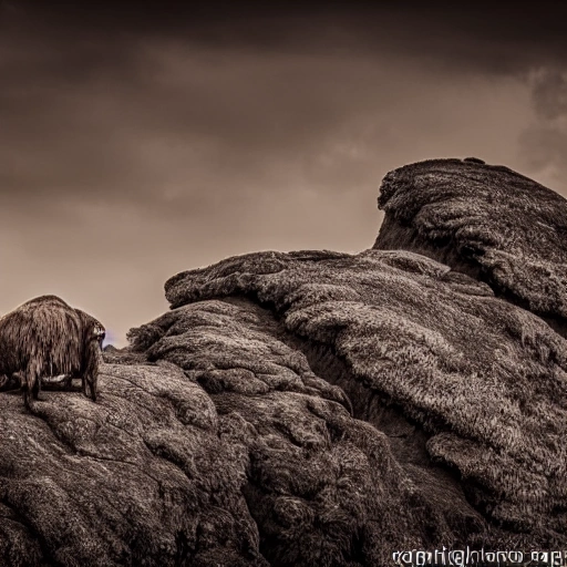 Sepia landscape of a wooly mammoth on craggy rocks trumpeting, dusky sky in the background, dramatic, sinister