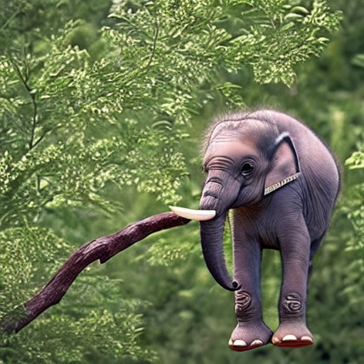 Cute baby elephant with anime eyes holding a tree branch