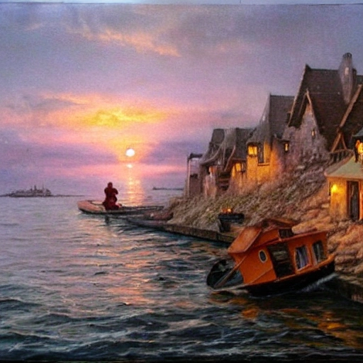 /Imagine Prompt:500s Frankish seaside village, fishermen returning to shore with their catch, dusk, overcast, autumn, Matte Painting.

