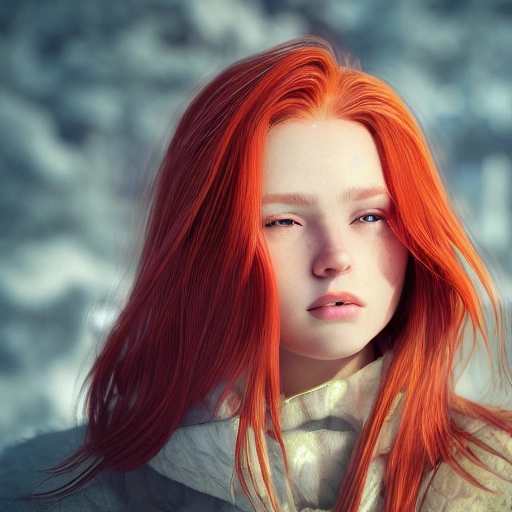 side close up portrait of 1 girl, russian, windblown long red hair, detailed face, spotlight, multicolored, hyperrealistic, photografic, epic ambient light, octane render, winter clothes
