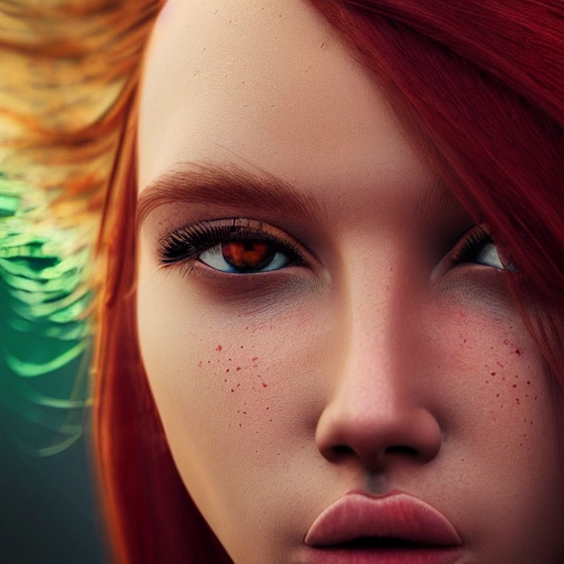 side close up portrait of an adult girl russian, windblown long red hair, green eyes, detailed face, spotlight, multicolored, hyperrealistic, photografic, epic ambient light, octane render,