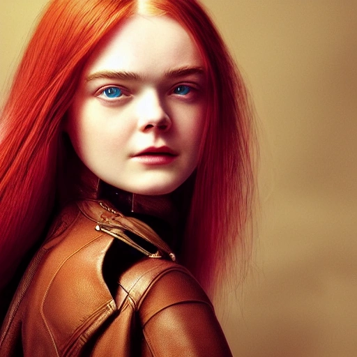 Close-up Portrait of a young woman, beautiful, Elle Fanning, red hair, highly detailed leather clothing, high details, perfect and intricate composition, beautiful detailed octane trendy rendering on the art station, fine art photography 8k art, photorealistic concept art, perfect cinematic soft lighting, natural, cinematic volumetric, chiaroscuro, award winning photography, masterpiece, trending art station, sharp focus, intricate detail, academic figurative, painting by boris vallejo, Greg Rutkowski, Alphonse Mucha . Caravaggio, Oil Painting