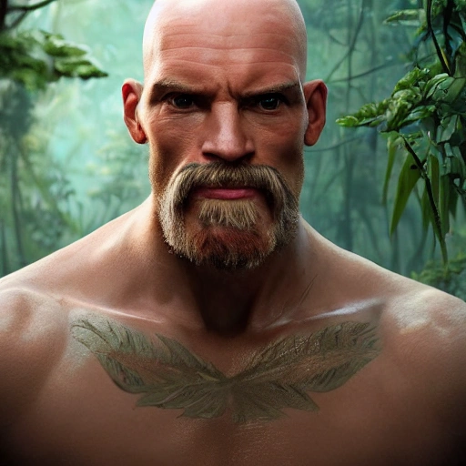 beautiful digital painting of a du juan stylish bald male jungle with high detail, real life skin, freckles, real scar under the mouth, 8 k, stunning detail, works by artgerm, greg rutkowski and alphonse mucha, unreal engine 5, 4 k uhd
