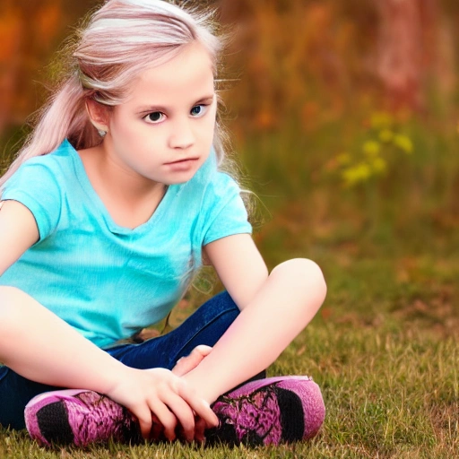 simple white image containing a little girl with addictions sitting down + bold colors + 4k