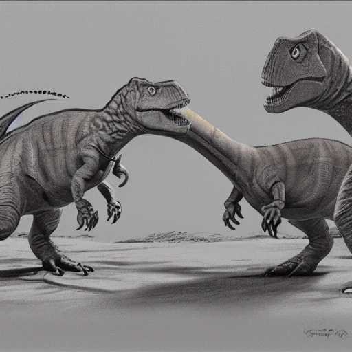 two dinosaurs fighting to the death, canon 5 0 mm, cinematic lighting, photography, film, kodachrome , Pencil Sketch