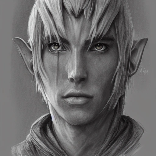 Portrait, male elf paladin, , Pencil Sketch, Black and White, High detail, realistic, 4 k, real skin