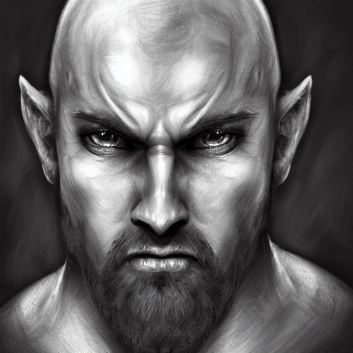 Portrait, male bald dwarf paladin, , Pencil Sketch, Black and White,  High detail, realistic, 4 k, real skin, coloured eyes
