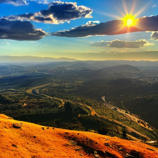 fwatch style, valley, sunset, visible sun, horizont, view from mountain, isometric, sun in the center, orange shadows