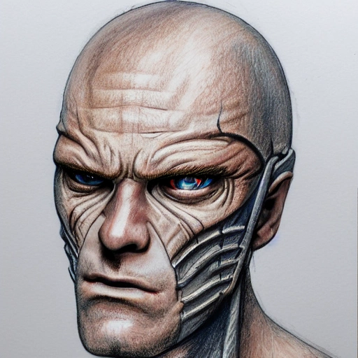 Portrait, male bald human paladin, Stephen lang lookalike with helmet, angry,  coloured Pencil Sketch, Black and White,  High detail, realistic, 4 k, real skin