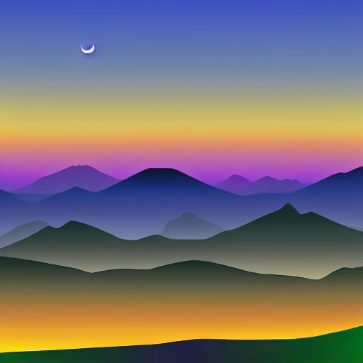 valley, sunset, visible sun in horizon, hills, mountains, isometric, falling night.