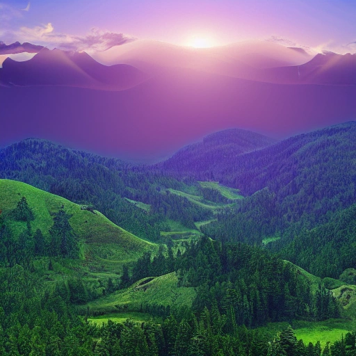 hills in back, isometric, falling night sunset, forest in valley, width 1336, height 768,