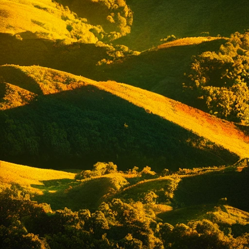 hills in back, isometric, sunset, forest in valley, orange shadows, width 1336, height 768,