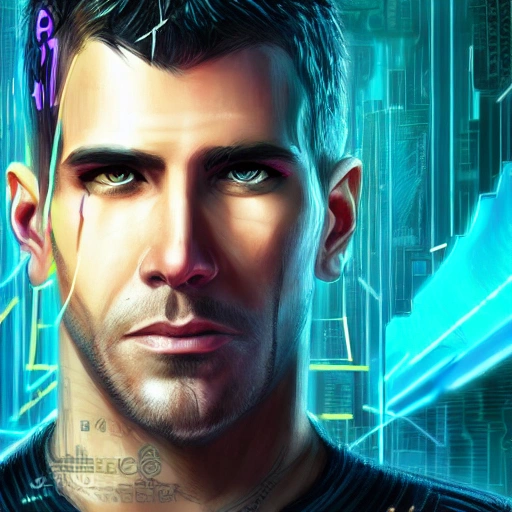 Portrait, male human netrunner, angry,  cyberpunk 2077 style, blade runner art, coloured Pencil Sketch,  High detail, realistic, 4 k, real skin