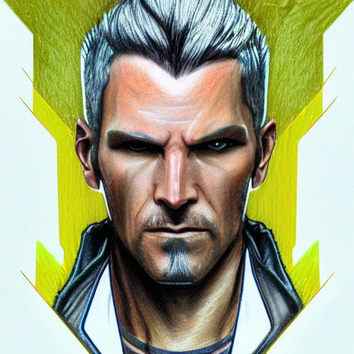 Portrait, male netrunner, angry,  cyberpunk 2077 style, blade runner art, arasaka, coloured Pencil Sketch,  High detail, realistic, 4 k, real skin